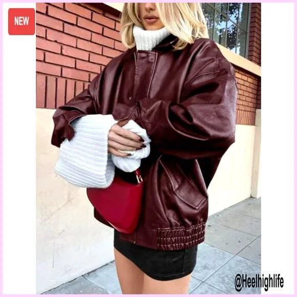 Oversized Faux Leather Motorcycle Jacket, Zip Up Winter Coat, Women's Outerwear - Picture 5 of 7